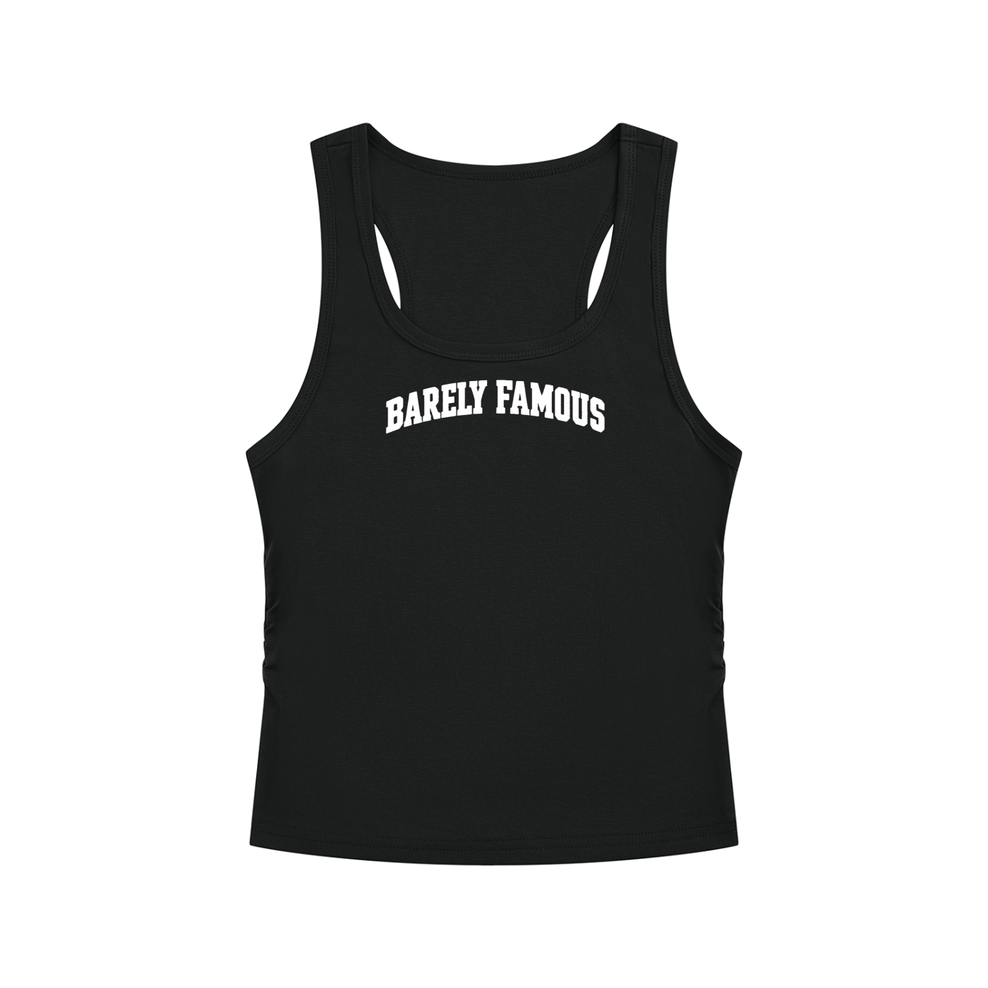 Barely Famous Collegiate Wordmark Women’s Ruched Tank Top – Black