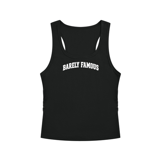 Barely Famous Collegiate Wordmark Women’s Ruched Tank Top – Black